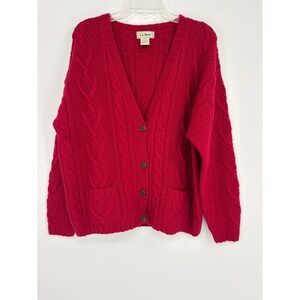 LL Bean Cardigan Women L Red Wool Cable Knit Button Front V-Neck Front Pockets